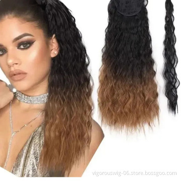 Vigorous Long Wrap Ponytail Extension Ombre Blonde Synthetic Yaki Hairpiece Extension 22 Inch Wavy Hair Ponytail for Women